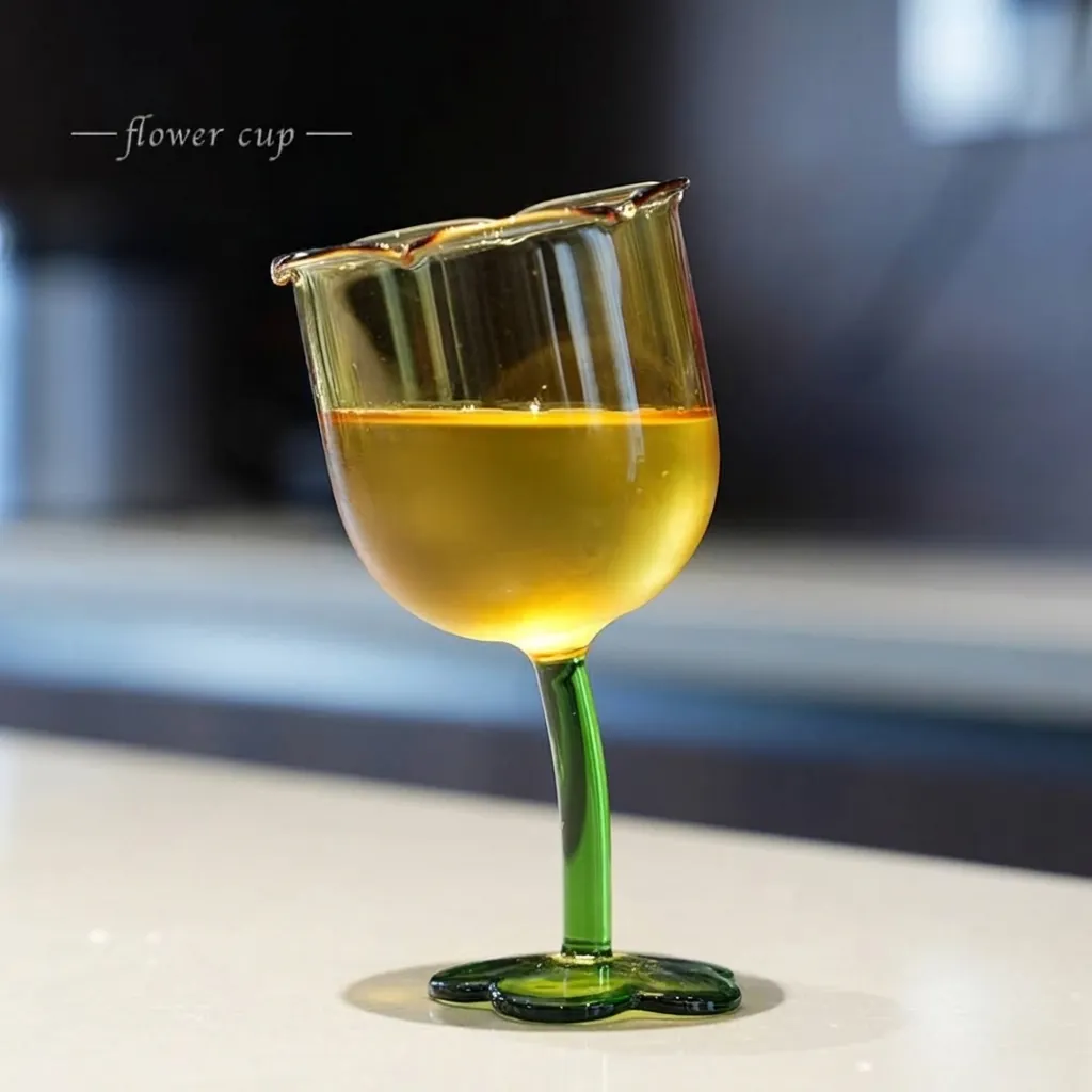 Handmade Flower Shape Borosilicate Glass Wine Glass Vintage French Tulip Bent Stem Champagne Flute Creative Drinkware