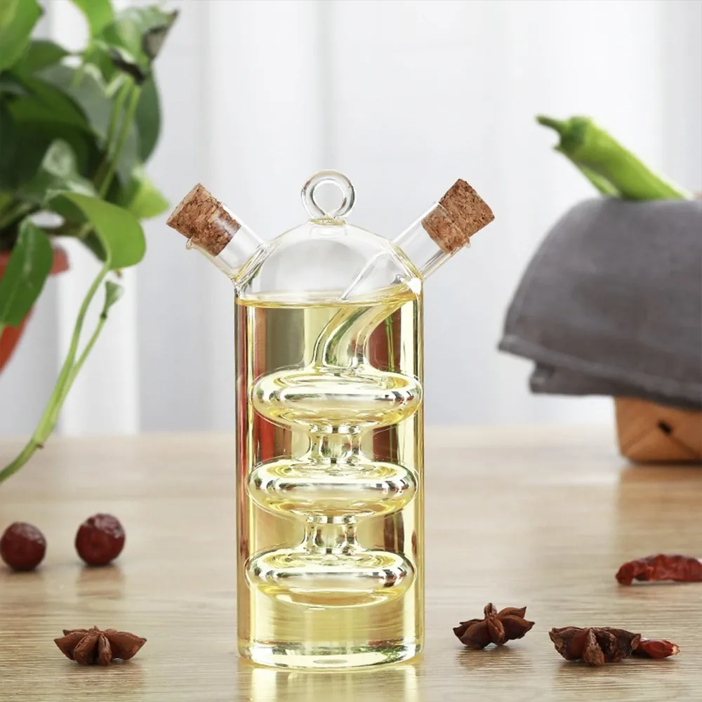 Creative 2-in-1 Glass Oil And Vinegar Dispenser Bottle With Cork Stopper Transparent Borosilicate Glass Seasoning Cruet For Kitchen Home