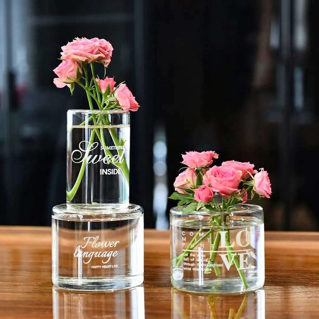 Vase en Verre Transparent Européen Créatif Impression de Lettres Anglaises Vase à Fleurs Hydroponique Bouteille d'Arôme Décorative