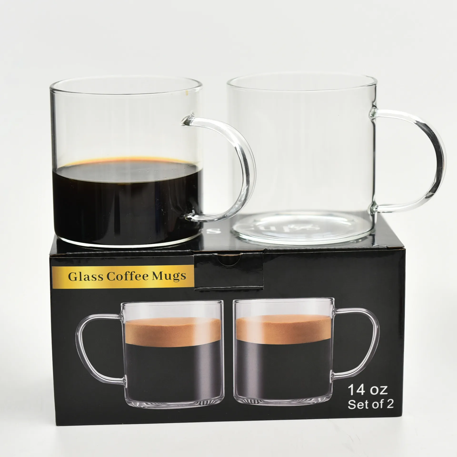 Set of 2 Heat Resistant Borosilicate Glass Coffee Mugs with Handles Clear 14oz Cups for Latte Milk Juice Home Restaurant Gift Box