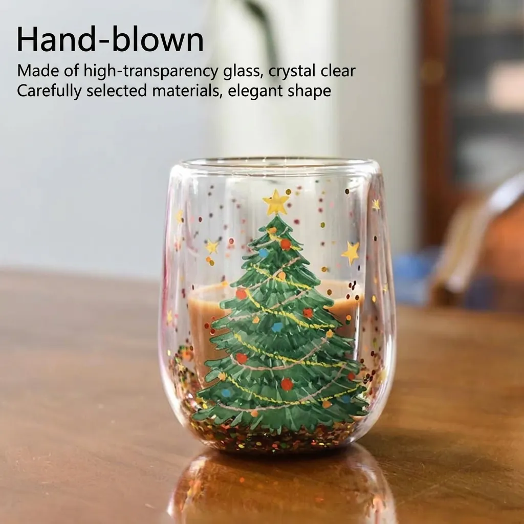 Weihnachtsbaum Doppelwandiger Glasbecher Mit Beweglichen Pailletten Hitzebeständige Borosilikatglas Kaffeetasse Isolierter Tumbler Festliches Geschenk