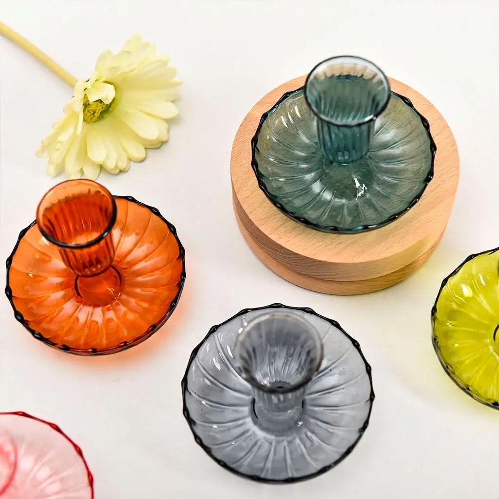 Nordic Ins Style Colored Ribbed Glass Candle Holder For Taper Candles Modern Minimalist Table Ornament Home Wedding Decor