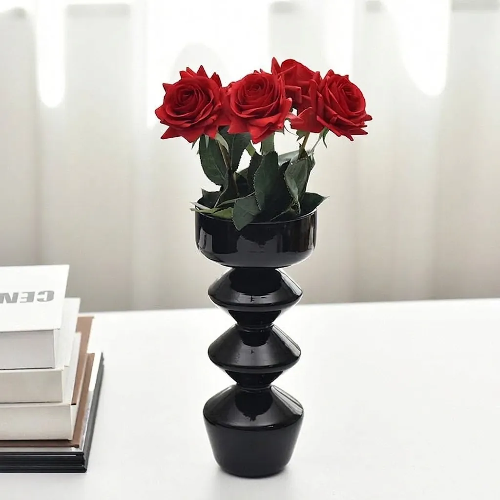 Vaso in Vetro a Bolle Nordic Designer Moderno Minimalista Nero Geometrico a Livelli Vaso per Fiori per Arredamento Casa Bar Ornamento d'Arte