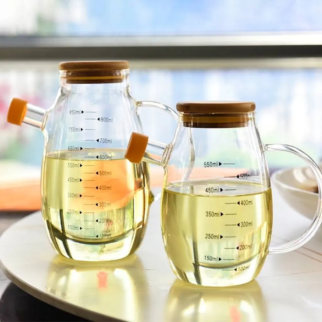 Glas Ölspender Flasche Bambusdeckel Quantitative Messskala Auslaufsicher Essig Cruet Küche Aufbewahrungszubehör
