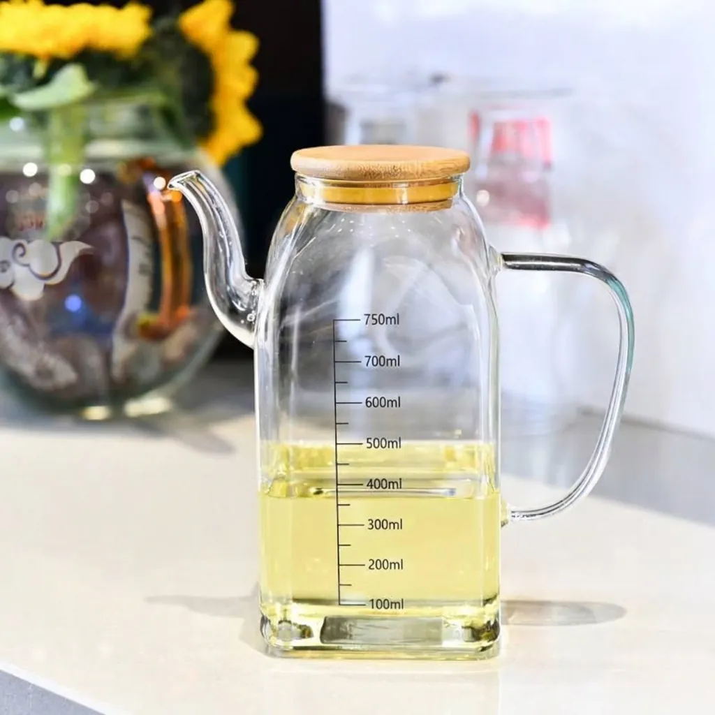 750ml High Borosilicate Glass Oil Dispenser With Bamboo Lid Scale Leak-proof Kitchen Vinegar Soy Sauce Cruet Oil Bottle