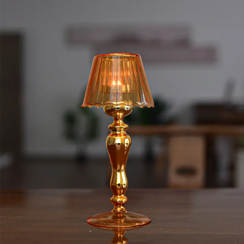 High Borosilicate Glass Table Lamp Shaped Candlestick Holder Retro European Style Champagne Gold Creative Wedding Decor Ornament