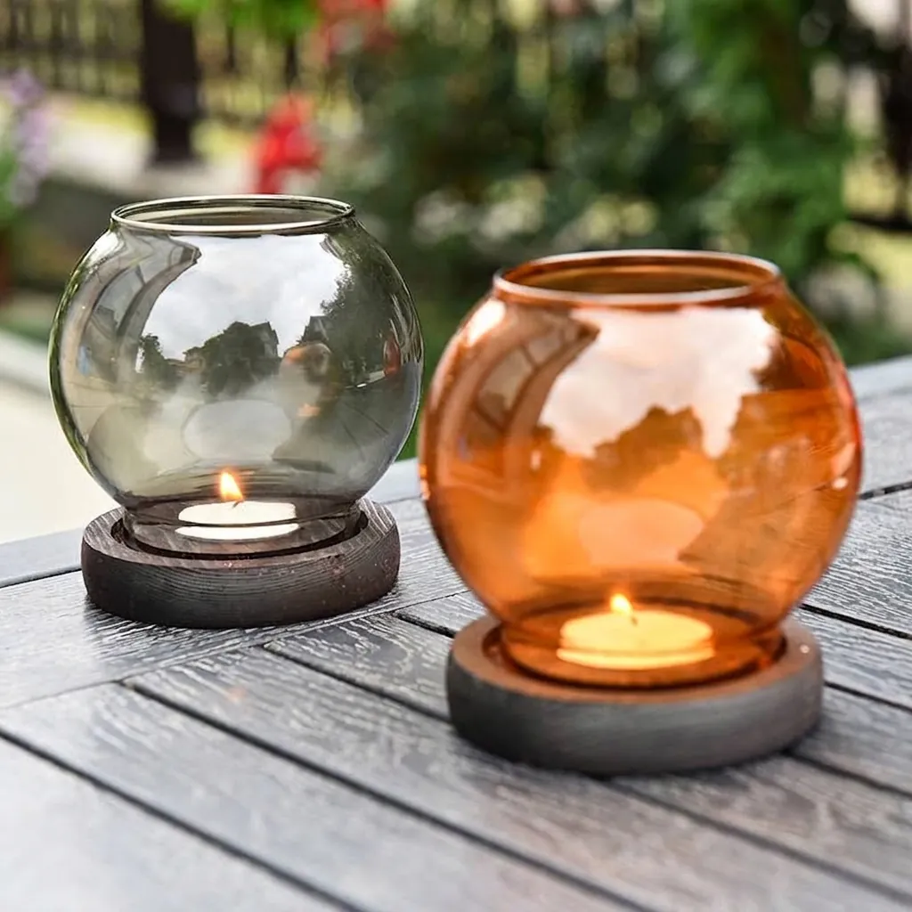 European Vintage Colored Ribbed Glass Candle Holder With Wood Base Windproof Glass Dome Candlestick Home Table Decor