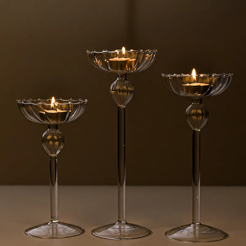 European Ribbed Glass Candle Holder Set Vintage High Foot Tealight Holder For Wedding Romantic Dinner Party Home Table Decor