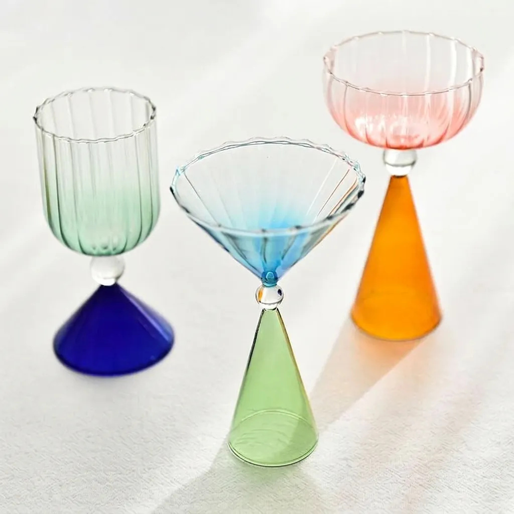 Modern Artistic Striped Gradient Glass Goblet Ribbed Wine Champagne Glass Colorful Geometric Base Cocktail Dessert Cup