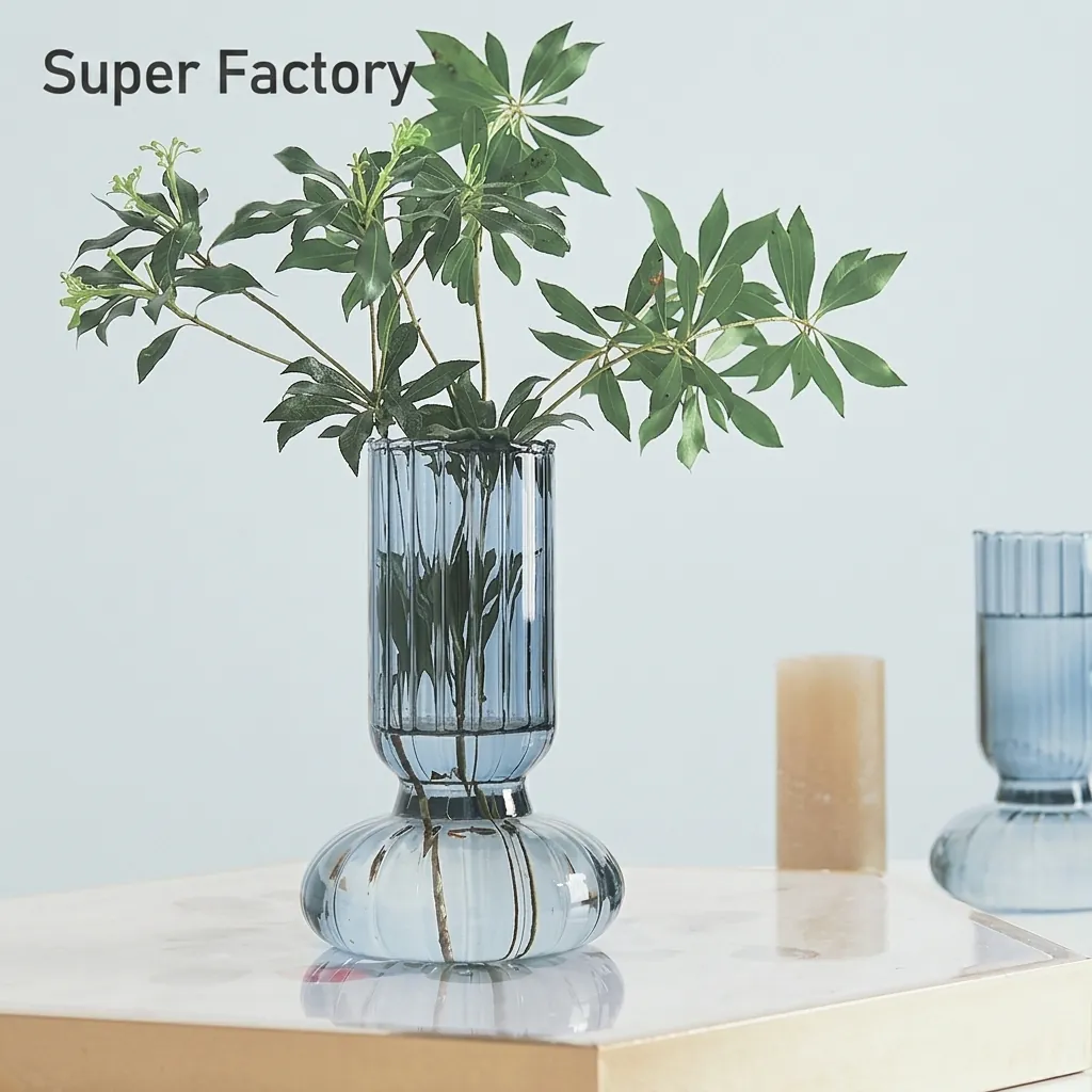 Nordic Striped Glass Vase Smoky Gray Transparent Flower Vase Modern Minimalist Hydroponic Plant Desktop Living Room Home Decor Ornament
