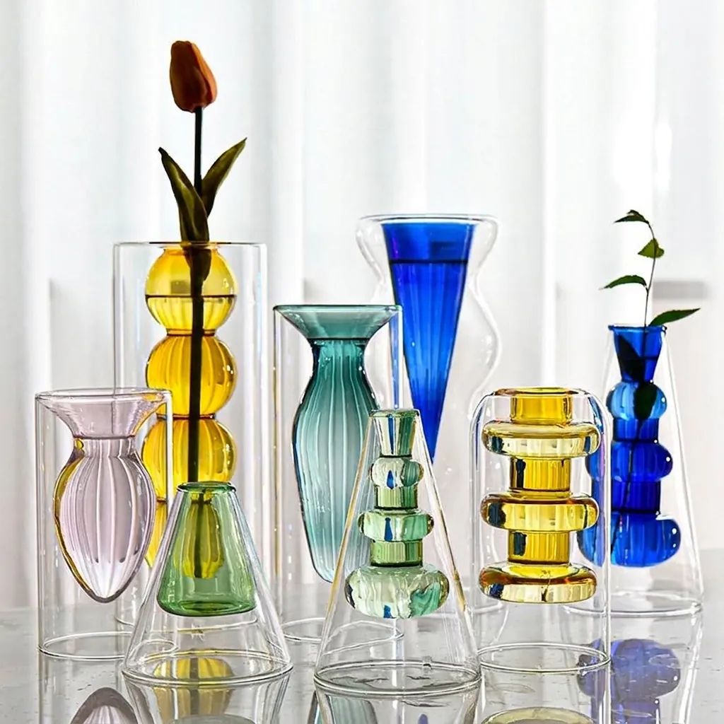 Nordic Creative Double Layer Glass Vase Colorful Hydroponic Flower Pot Aromatherapy Bottle Ornament For Restaurant Home Table Decor