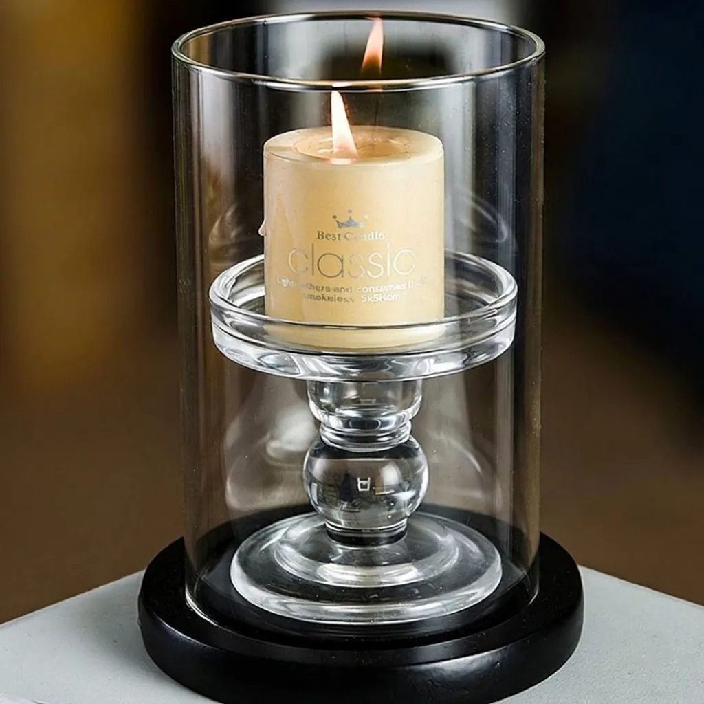 European Clear Glass Candle Holder With Black Base Cylinder Hurricane Candle Shield For Dining Table Wedding Home Decor
