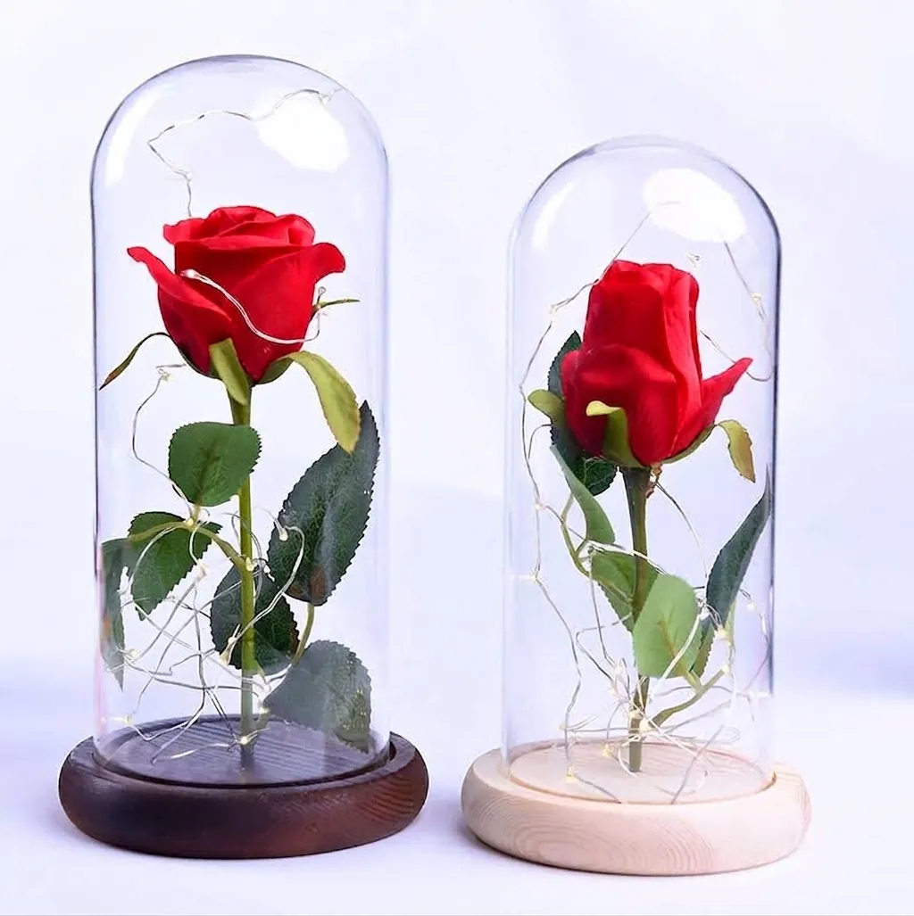 Eternal Rose in Glass Dome LED Flower Light with Wood Base Beauty and the Beast Rose Lamp Table Desktop Ornament Valentine Gift