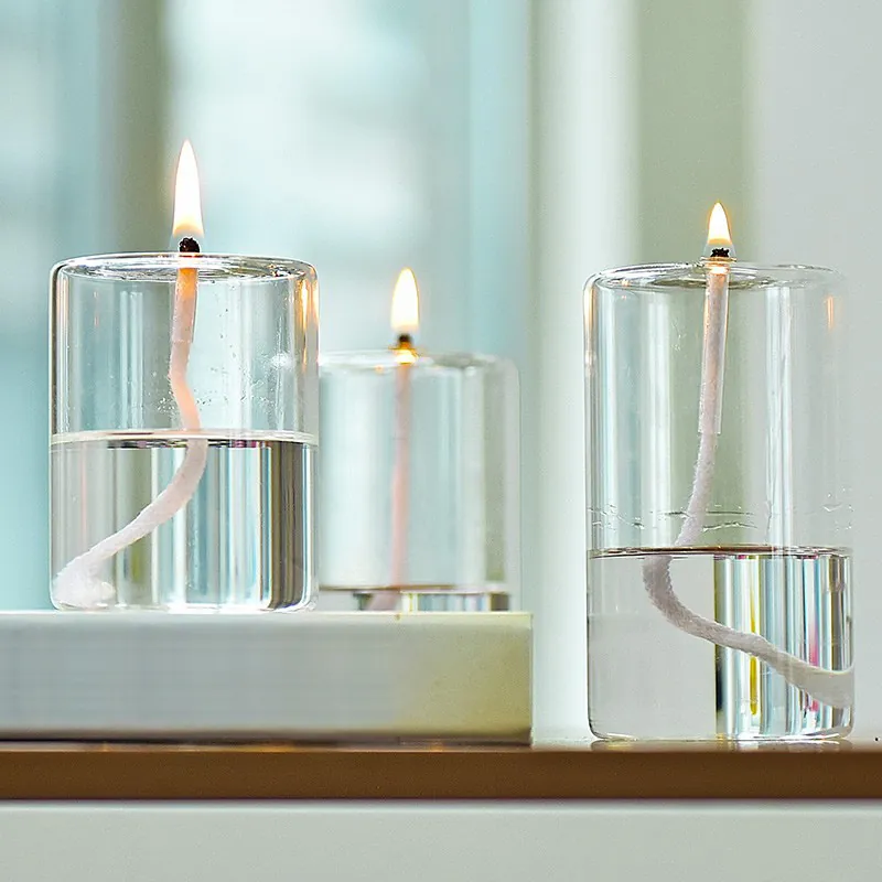 Handmade Clear Borosilicate Glass Oil Lamp Candle Holder Modern European Style Heat Resistant Cylinder Candlestick For Home Decor