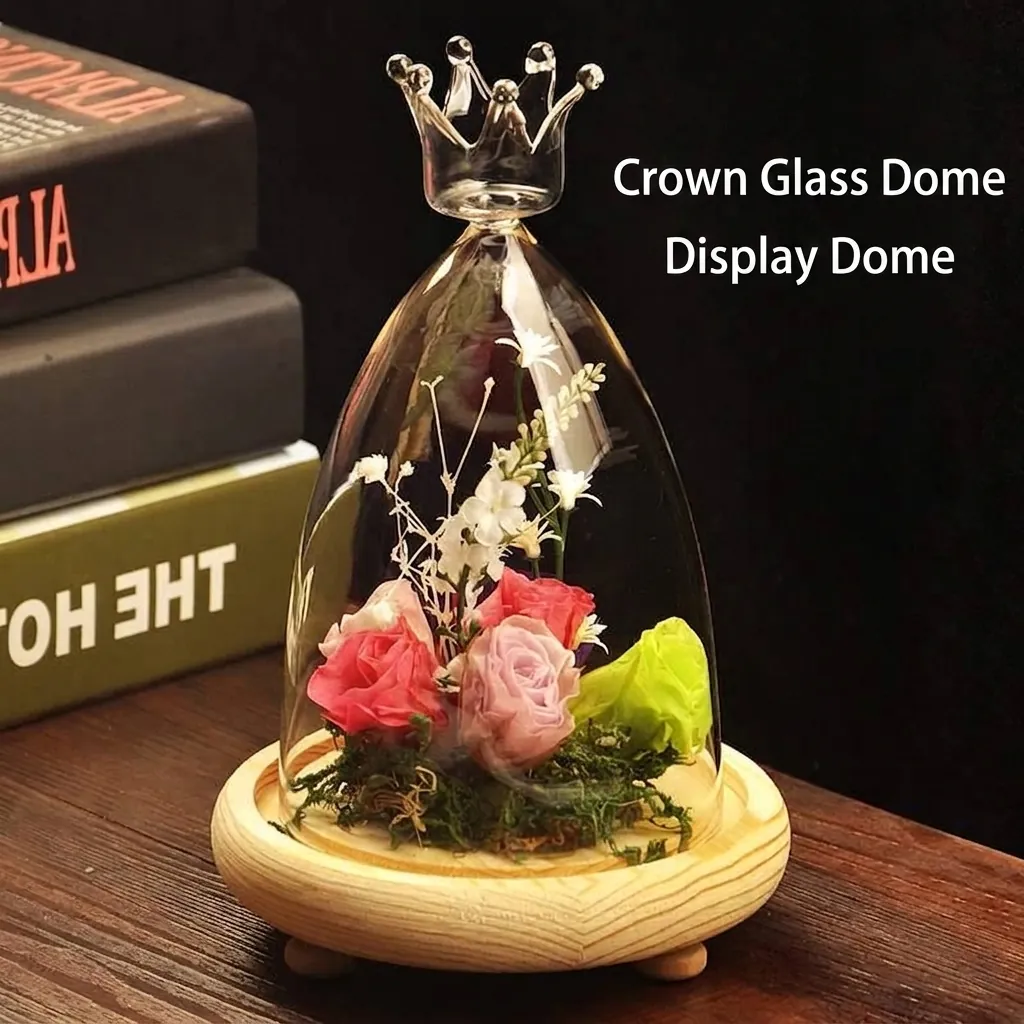 Creative Glass Landscape Dome with Wooden Base Heart Star Crown Diamond Shape Cloche for Preserved Rose Micro Landscape Decor Gift