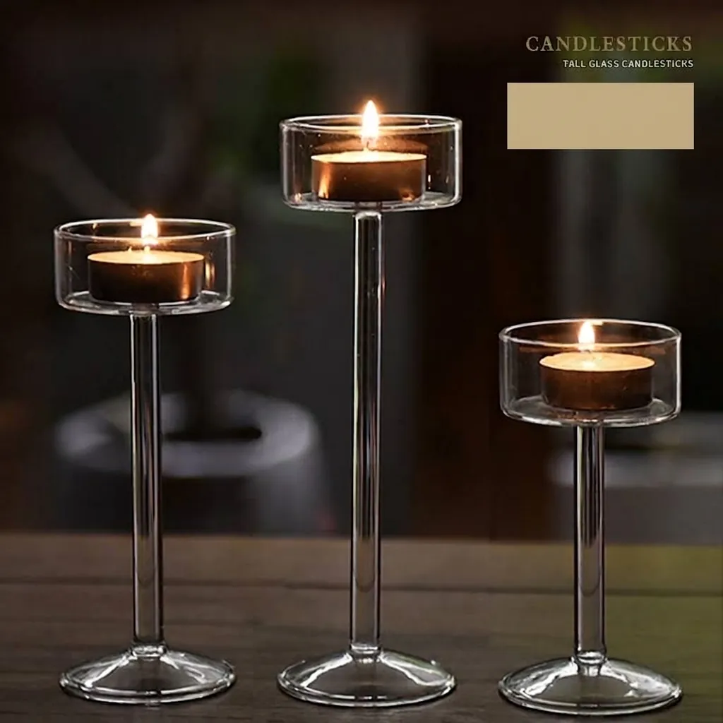 European Style Long Stem Glass Candlestick Set Transparent Blown Glass High Foot Candle Holder For Romantic Dinner Table Home Decor