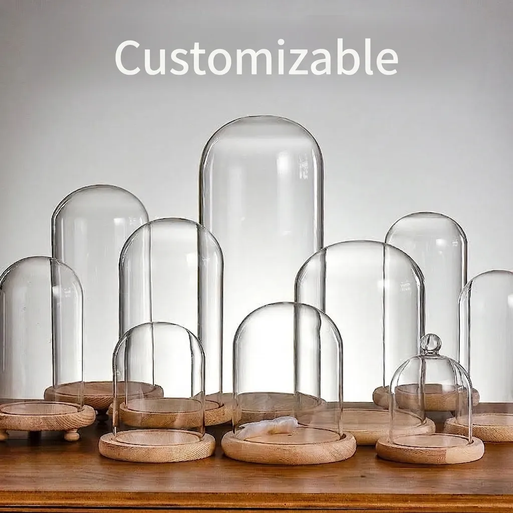 Clear Borosilicate Glass Cloche Dome with Wood Base DIY Eternal Flower Landscape Display Case Dustproof Glass Cover Home Decor