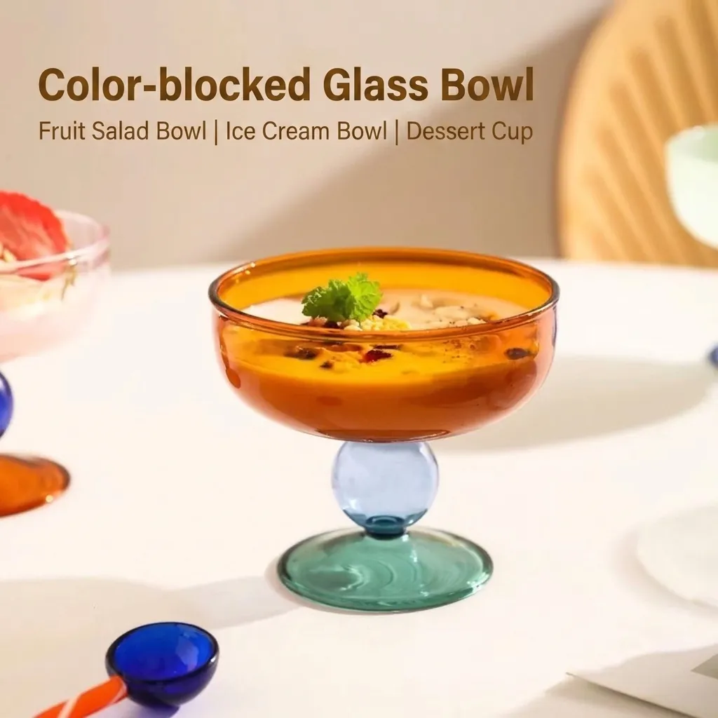 Heat-Resistant Colorful Glass Dessert Bowl High-Legged Ice Cream Cup Stemmed Yogurt Bowl Artistic Color Block Glassware For Home Party