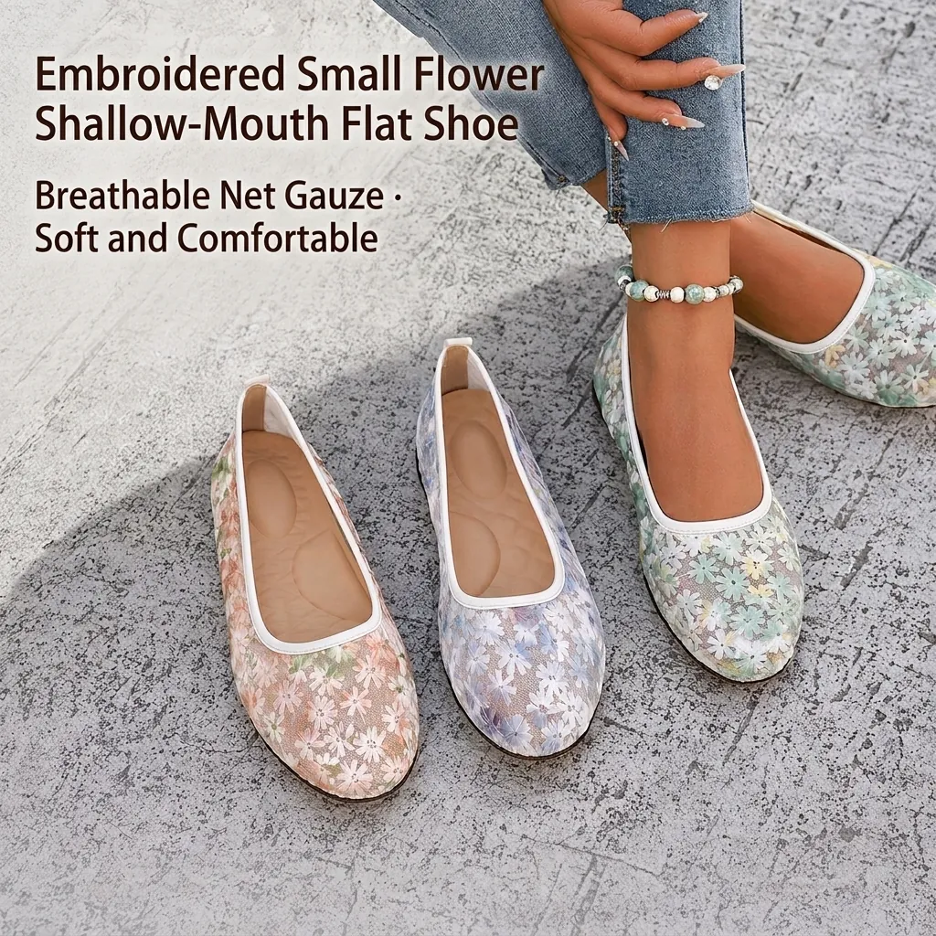 Chaussures Plates Mary Jane en Maille pour Femmes Respirantes à Broderie Florale Cœur Ballerines Antidérapantes
