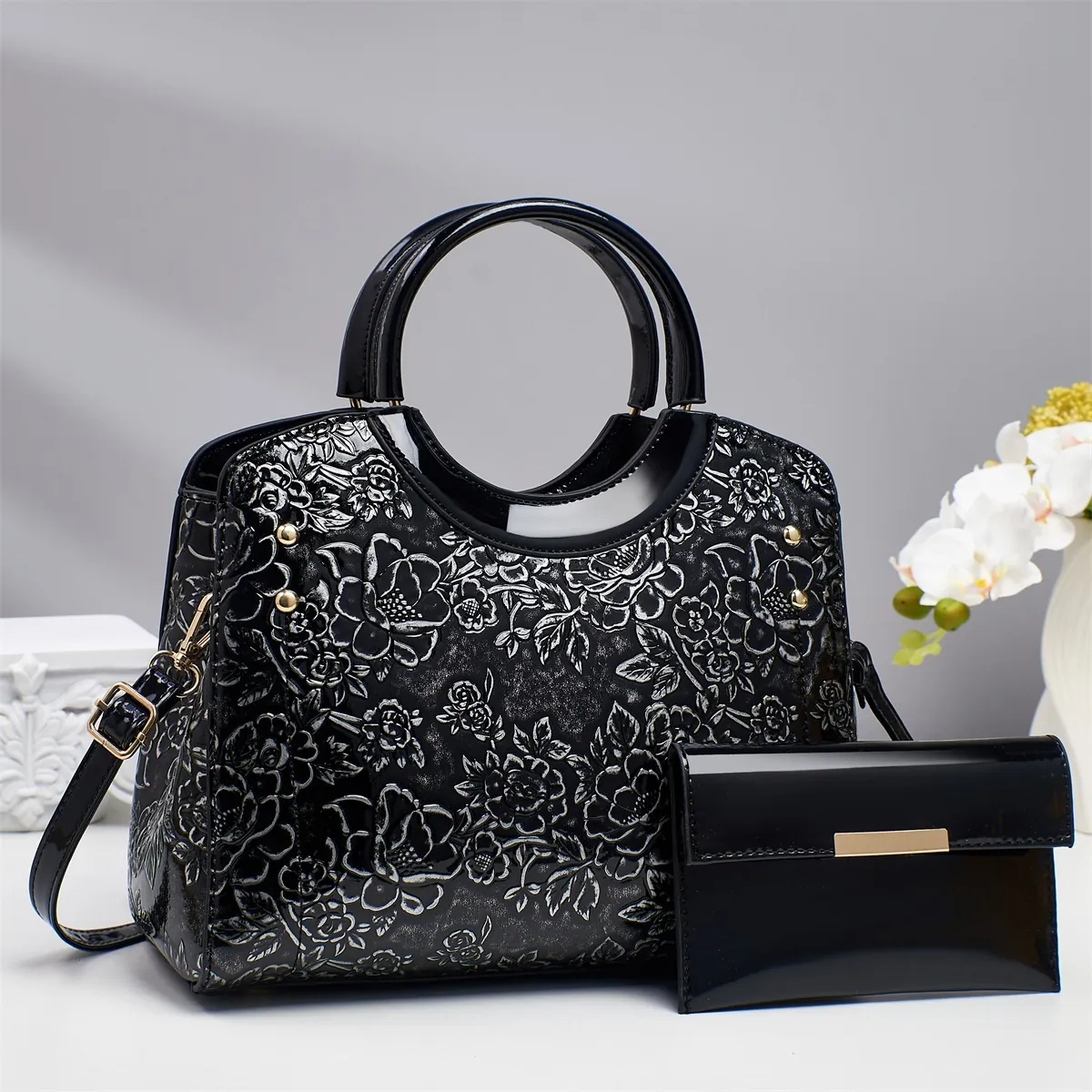 Women Floral Embossed Handbag Set Elegant PU Leather Top Handle Bag With Matching Wallet For Wedding Party Mother Gift