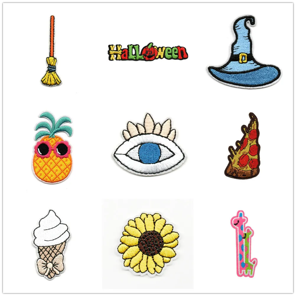 Parches Bordados de Dibujos Animados Lindos Animales Lindos Planta Halloween Parches Termoadhesivos Para Ropa Costura DIY Aplicación