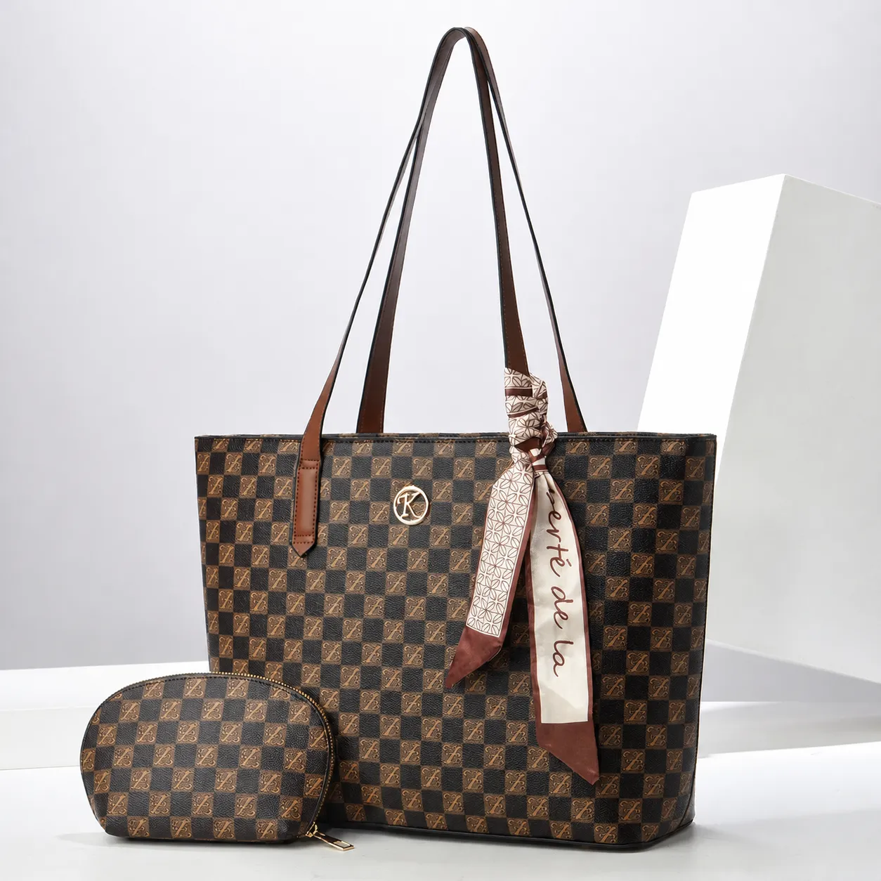 Women Large Capacity Tote Bag PU Leather Checkerboard Monogram Print Shoulder Bag With Scarf And Pouch Handbag Set