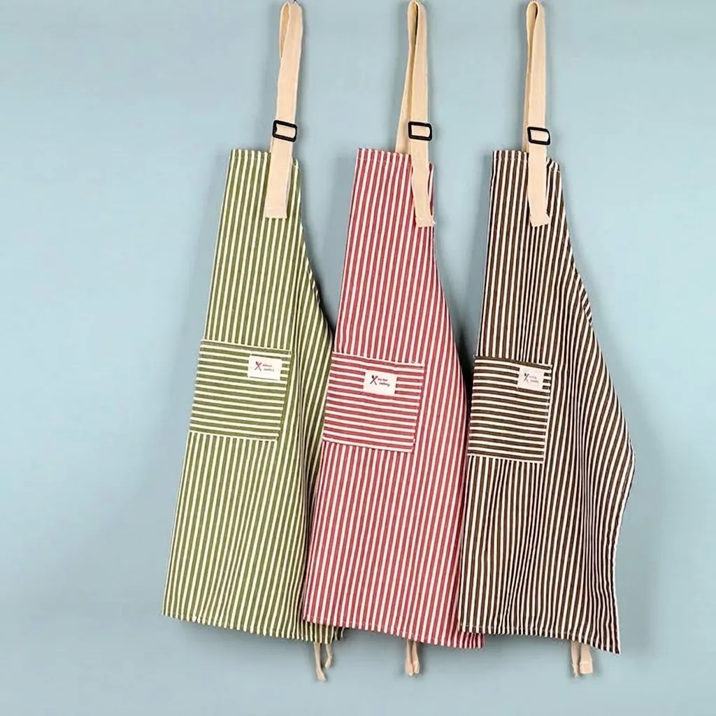 Japanese Style Cotton Striped Kitchen Apron For Women Adjustable Neck Strap Breathable Anti-Stain Household Cleaning Cooking Apron With Large Pocket