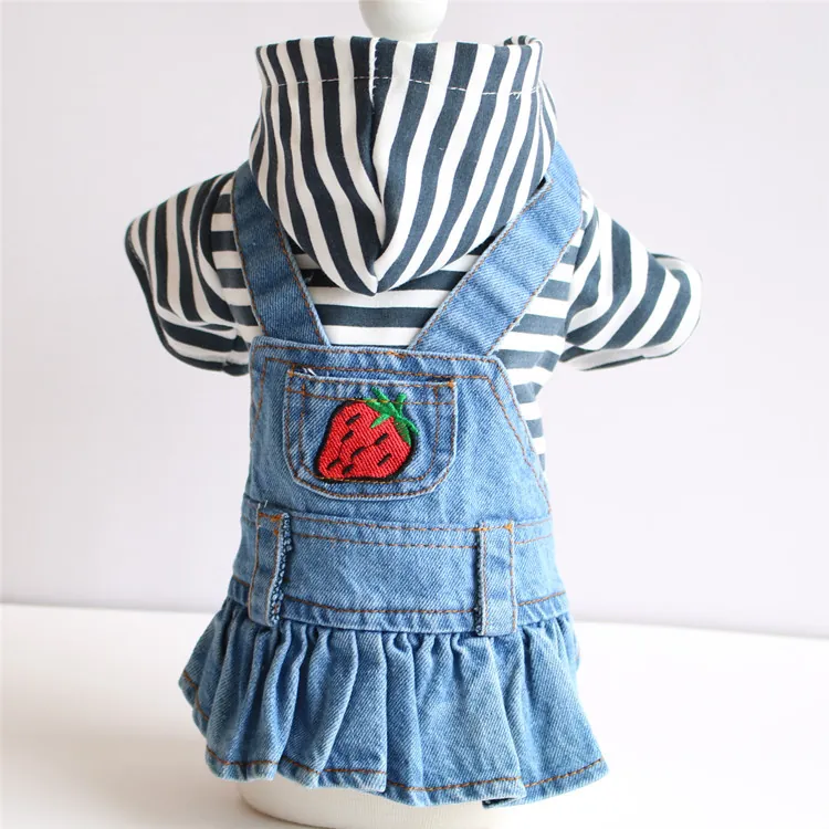 Vestido de Mezclilla para Perro Rayado Bordado de Fresa Falda Plisada con Capucha para Perros Pequeños Teddy Cachorro Ropa Primavera Otoño Invierno