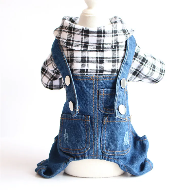 Pet Dog Clothes Plaid Shirt Denim Jumpsuit Four-Legged Apparel Fashion Puppy Overalls For Small Dogs Daily Wear