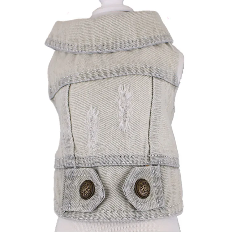 Pet Dog Distressed Denim Vest Fashion Ripped Jean Jacket Puppy Clothes Turn Down Collar Sleeveless Waistcoat For Teddy Bichon Small Dogs
