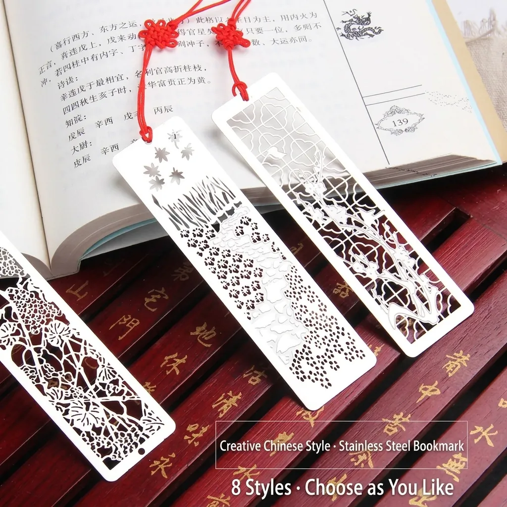 Chinese Style Stainless Steel Hollow Metal Bookmark With Red Tassel Traditional Pattern Rectangular Retro Page Marker For Book Lover Business Souvenir Gift