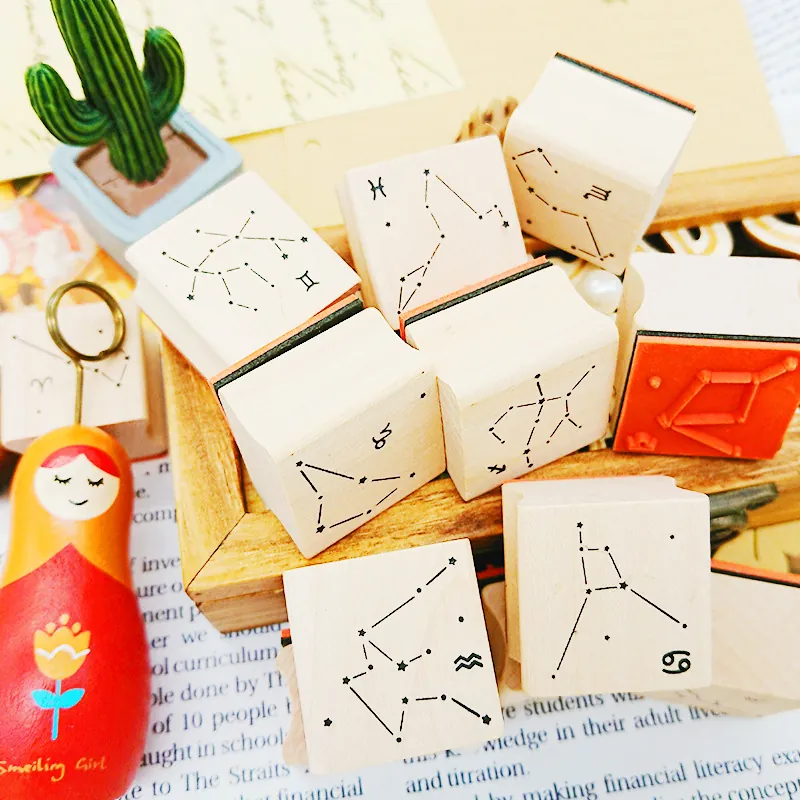 Retro Twelve Constellations Wooden Rubber Stamps Astrological Star Chart DIY Scrapbooking Journal Decorative Crafting Stamps For Diary Album