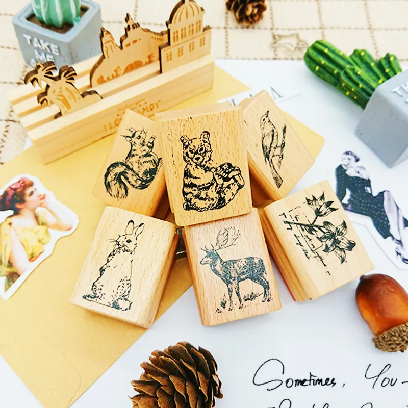 Creatieve Retro Houten Stempel Schattig Bos Dier Bloemen Ontwerp Rubber Stempels Voor DIY Scrapbooking Dagboek Decoratie