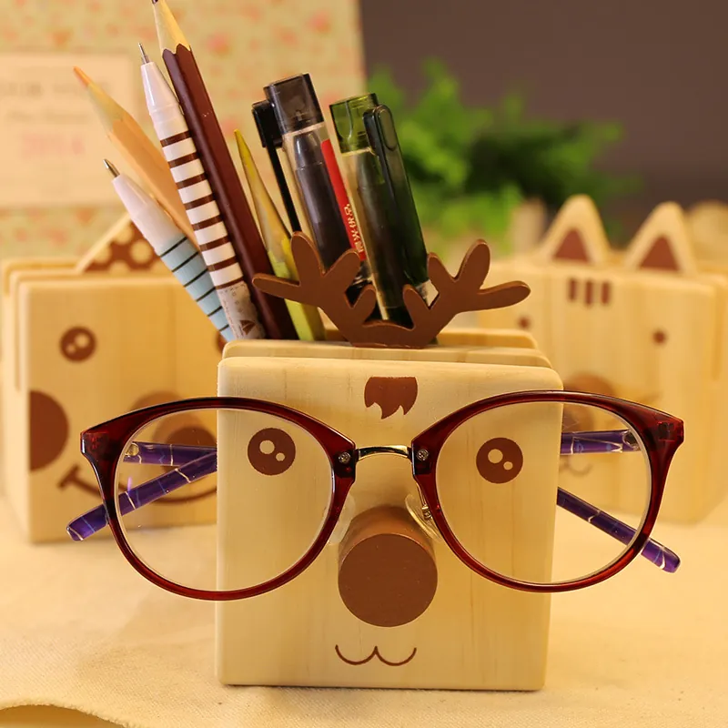 Creative Cartoon Animal Wooden Pen Holder Multi-Functional Desk Organizer Glasses Stand Phone Holder For Office Stationery