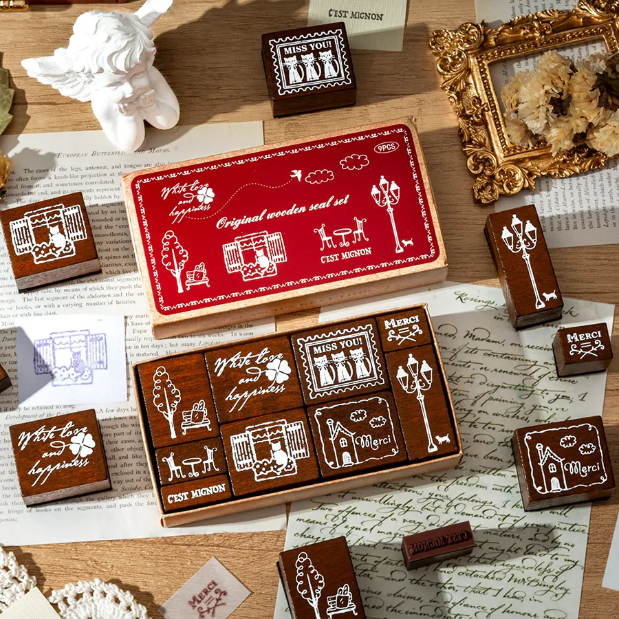 Juego de 9 Sellos de Goma de Madera Vintage Frases de Bendición Francesas Sellos Decorativos de Madera para Scrapbooking Diario