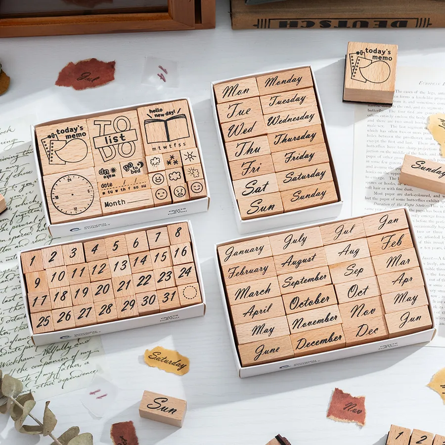 Vintage Wooden Calendar Stamps For Journaling DIY Scrapbooking Month Week Date Numbers Weather Icons Decorative Stamps