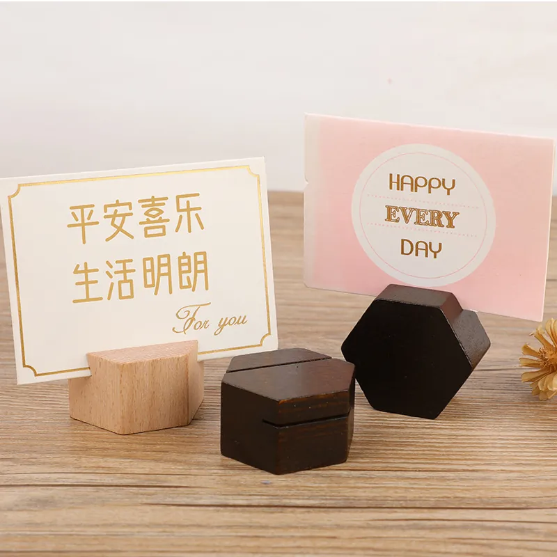 Minimalist Hexagonal Beech Wood Card Holder Geometric Memo Clip Table Number Stand Decorative Message Folder For Office Wedding