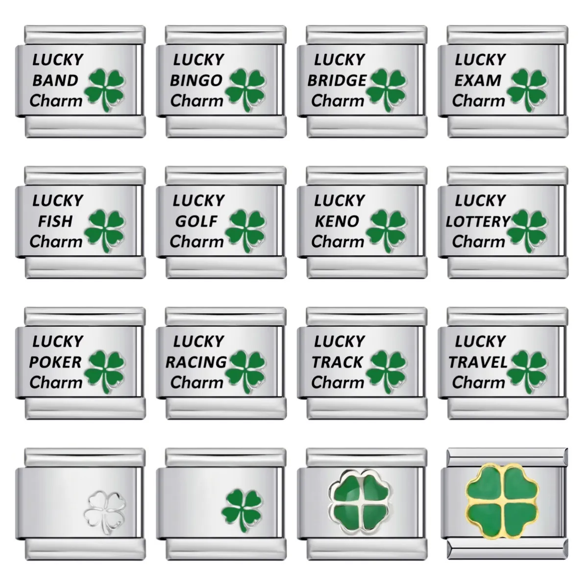 Stainless Steel Italian Charm Link Lucky Four-leaf Clover Laser Engraved Letter DIY Modular Elastic Bracelet Component Jewelry For Women Men