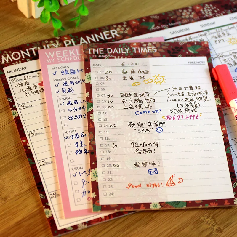 Vintage Flower Bird Kraft Paper Daily Weekly Monthly Schedule Planner Creative Stationery Candy Pink Aesthetic Note Pad