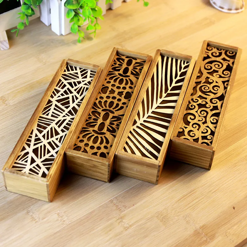 Vintage Hollow Wooden Pencil Case Laser Cut Floral Pattern Stationery Box For Student Desk Organizer Storage Case Box
