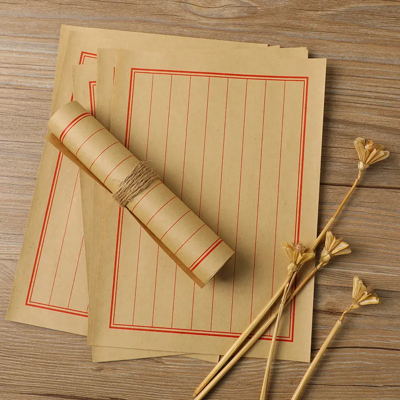 Vintage Chinese Style Kraft Letter Paper Red Grid Traditional Stationery Writing Sheets For Calligraphy Letters Gifts