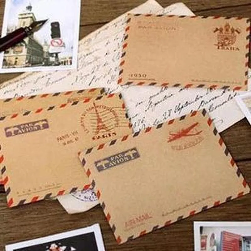 Mini Sobres de Papel Kraft Vintage Estilo Retro de Correo Aéreo Patrón de Torre Eiffel Sobres Pequeños para Tarjetas de Regalo