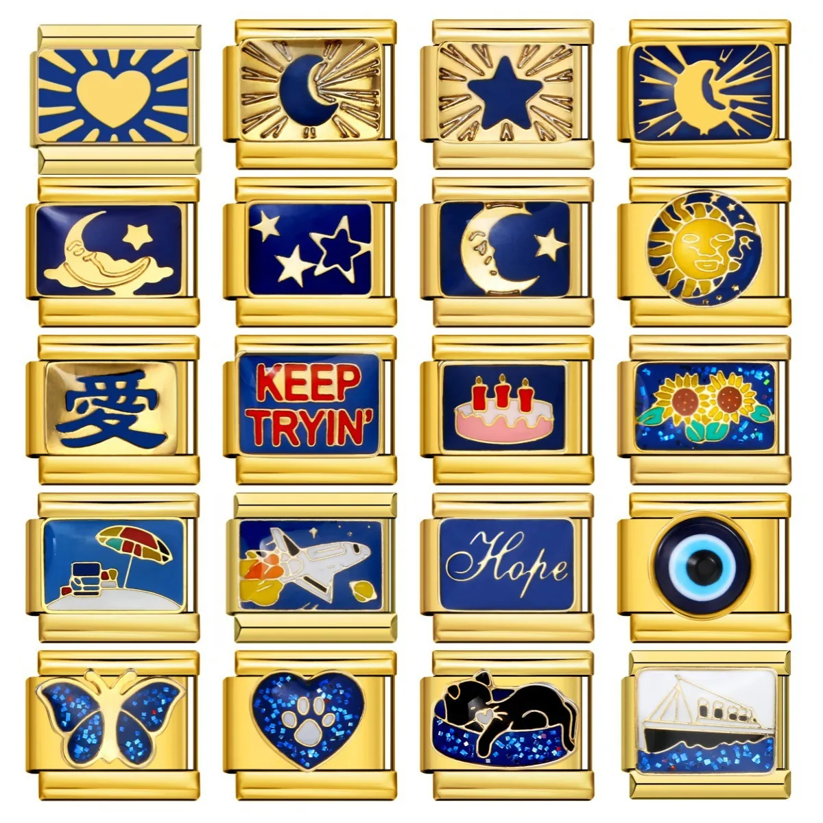 Italiaanse Bedels Armband DIY Links Goud Roestvrij Staal Blauw Emaille Ster Maan Hart Dier Bloem Verwijderbare Modulaire Sieraden