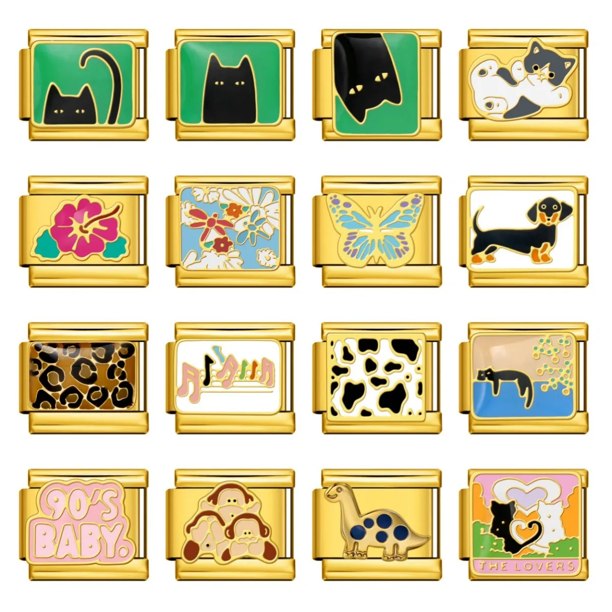 Gold Stainless Steel Italian Charm Links DIY Modular Bracelet Jewelry Enamel Cat Heart Dinosaur Pattern Beads Bracelet Accessories