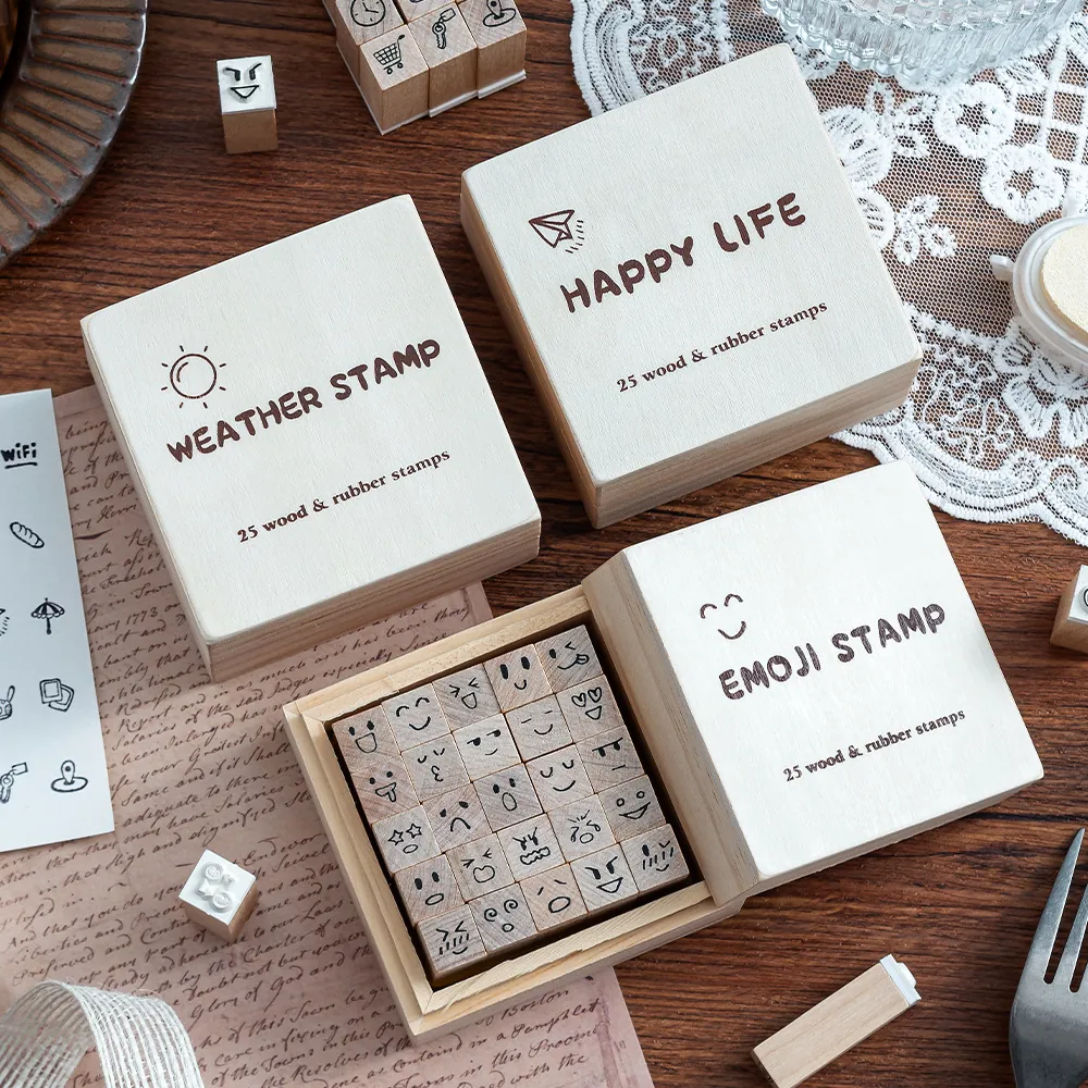 Vintage Wooden Rubber Stamp Emoji Weather Daily Life Pattern For DIY Scrapbooking Journal Diary Card Decoration Art Craft Gift