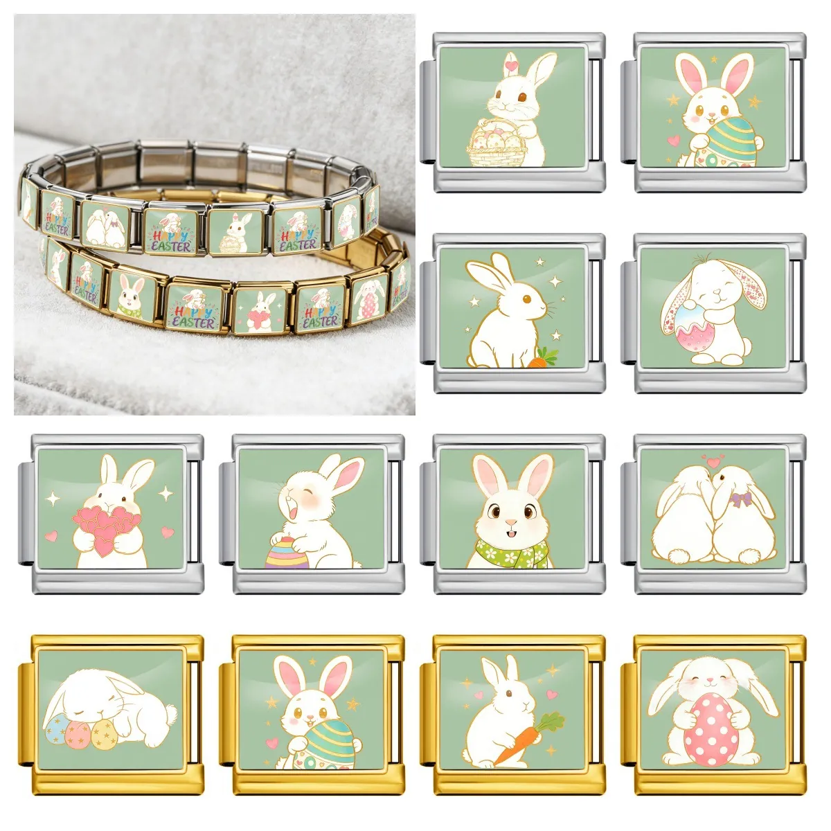 DIY Italian Charm Bracelet Link Stainless Steel Easter Bunny Pattern Happy Easter Pattern Fashion Jewelry Link For Bracelet