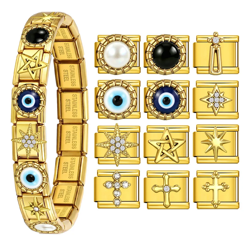 Stainless Steel Italian Modular Bracelet Charm Evil Eye Star Cross Gold Plated DIY Elastic Patchwork Bracelet Links Rhinestone Enamel Jewelry