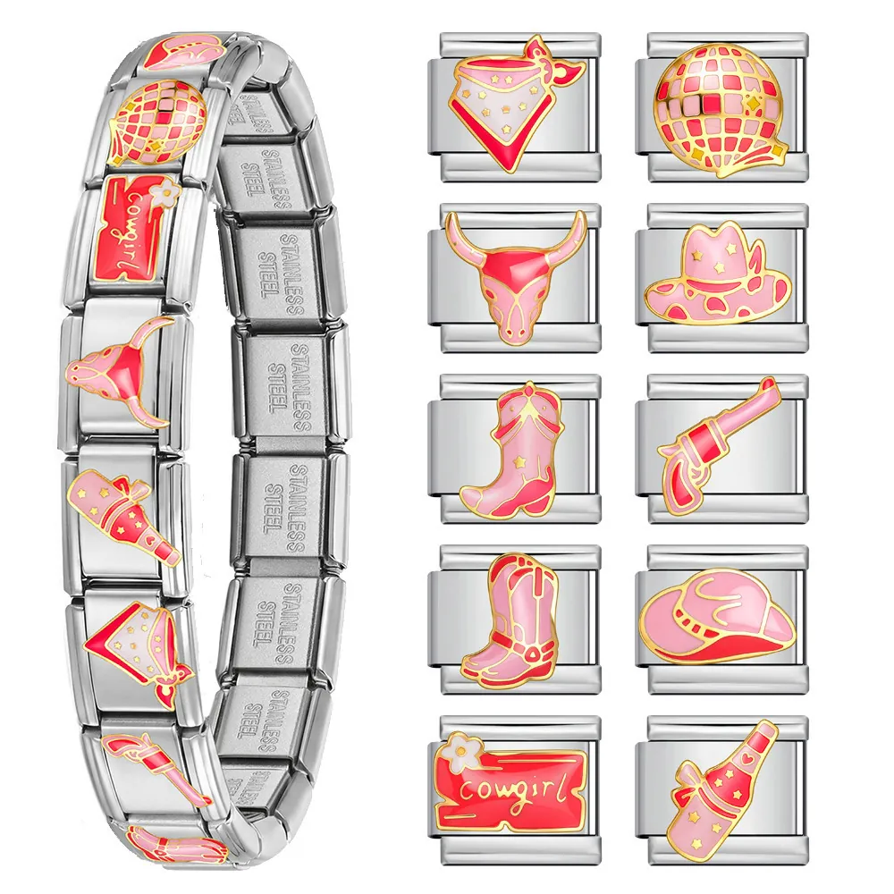 Western Cowboy Rosa Thema Italienische Modulare Armband Links Edelstahl DIY Schmuck Emaille Charm Zubehör Für Damen Herren Geschenk