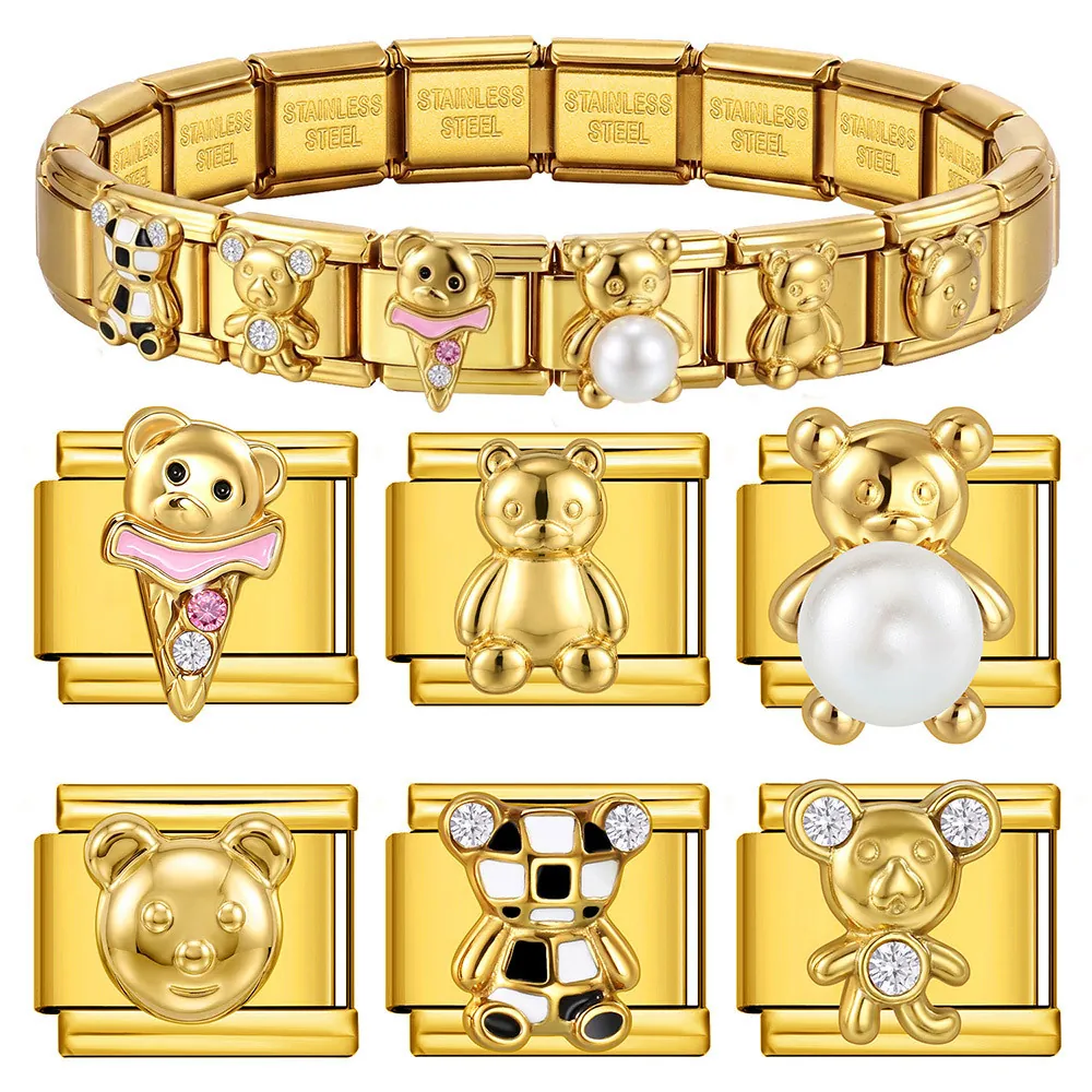 Gold Plated Edelstahl Italienisches Modulares Armband Link DIY Charm Bär Strass Künstliche Perle Emaille Schmuck Für Damen