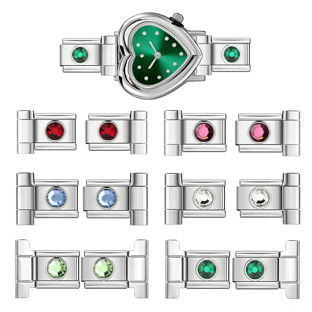Stainless Steel Italian Charm Links Watch Band Connectors Round Zirconia DIY Bracelet Modular Links Jewelry Making Components